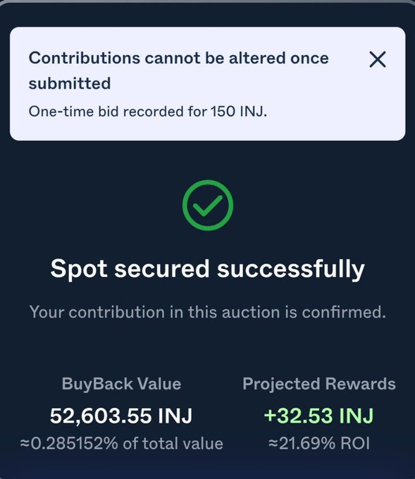 A confirmation screen reading 'Spot secured successfully' for an auction contribution of 150 INJ, with a BuyBack Value of 52,603.55 INJ and Projected Rewards of +32.53 INJ (~21.69% ROI).