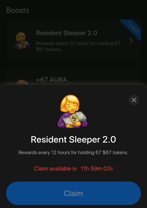 The image shows a "Resident Sleeper 2.0" boost pop-up in the @sixsevenapp, which rewards every 12 hours for holding 67 $67 tokens, with a claim available in 11h 59m 02s and a disabled "Claim" button at the bottom. This corresponds to the post's opening reference to "Resident Sleeper 2.0" as the first boost the user engaged with before moving on to the Fishing activity.