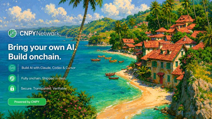 A promotional graphic for CNPY Network featuring the tagline "Bring your own AI. Build onchain." set against a tropical coastal village backdrop, highlighting features like building AI with Claude, Codex & Cursor, fully onchain shipping, and secure/verifiable infrastructure.

The image's inviting tropical imagery and "bring your own AI" messaging visually reinforces the post's point about CNPY being a developer-friendly framework that bridges the gap between Web2 simplicity and onchain infrastructure—much like a "paradise" escape from the usual complexity of validator management and backend headaches.