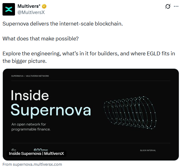 A tweet from MultiversX (@MultiversX) discussing 'Supernova delivers the internet-scale blockchain' and promoting an article titled 'Inside Supernova' from supernova.multiversx.com.