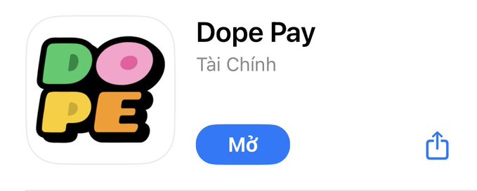 App Store listing for "Dope Pay" in the Tài Chính (Finance) category with an "Mở" (Open) button.
