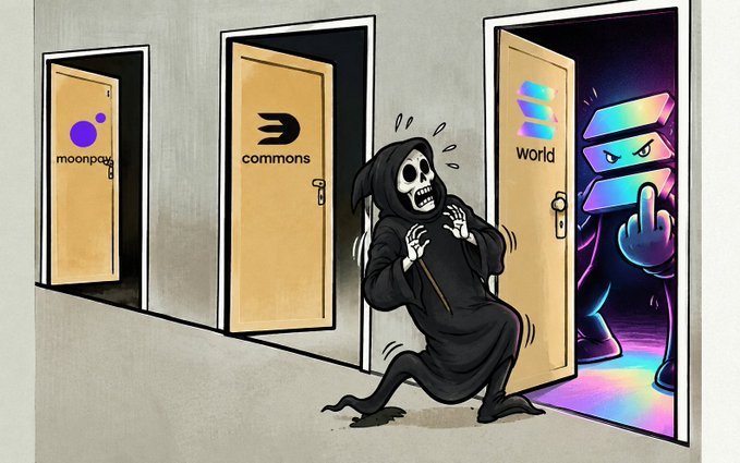 A cartoon illustration shows a grim reaper fleeing from three doors labeled 'moonpay', 'commons', and 'world', with a menacing Solana logo emerging from the 'world' doorway.