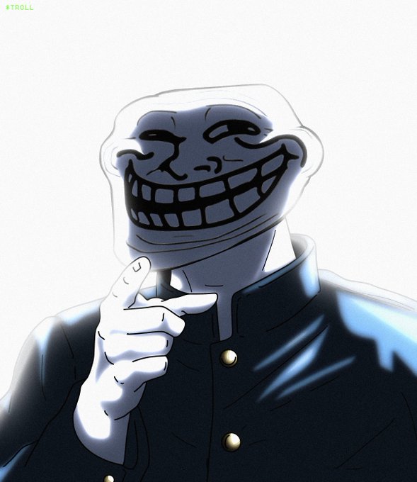 An illustrated image of a trollface character wearing a dark school uniform with gold buttons and white gloves, with '$TROLL' text in the top left corner.