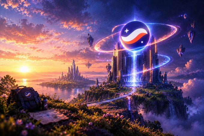A fantasy landscape depicts a glowing spherical logo with a red and white wave design surrounded by light rings, hovering above a futuristic castle on a cliff at sunset, with a backpack featuring the same logo in the foreground.