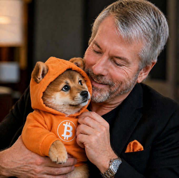 A gray-haired man in a black suit warmly hugs a Shiba Inu puppy wearing an orange Bitcoin hoodie.