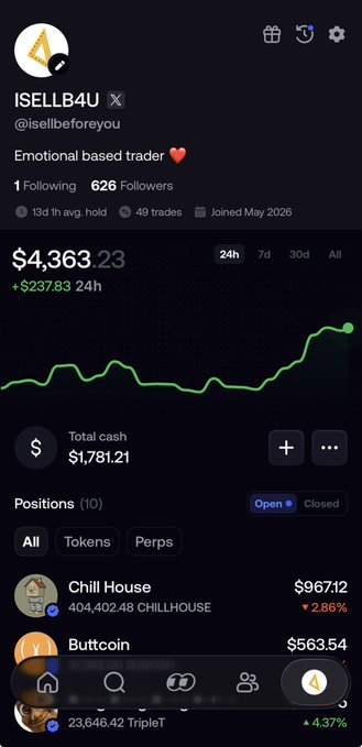 The image shows a trading profile screen for "ISELLB4U" (@isellbeforeyou), a self-described "Emotional based trader" with 626 followers and a portfolio value of $4,363.23 (up $237.83 in 24h). The displayed positions include Chill House ($967.12) and Buttcoin ($563.54), with the post "Any coin additions?" likely referencing the user's request for feedback on adding new coins to their portfolio.
