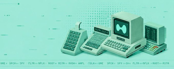 A mint-green stylized illustration of vintage computers, cash registers, and stock tickers displaying MSTR-222.6, with scrolling ticker text below listing stocks like GME, SPCH, SPY, FLTR, NFLX, ROOT, MSTR, NVDA, AAPL, TSLA.