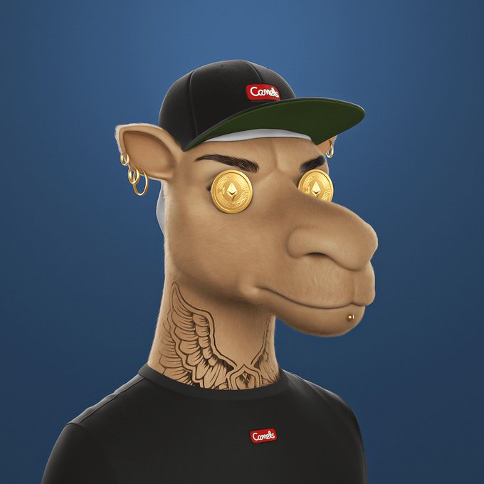 A 3D-rendered anthropomorphic camel character wearing a black 'Camels' cap and shirt, featuring gold coin eyes, earrings, and wing tattoos on its neck.