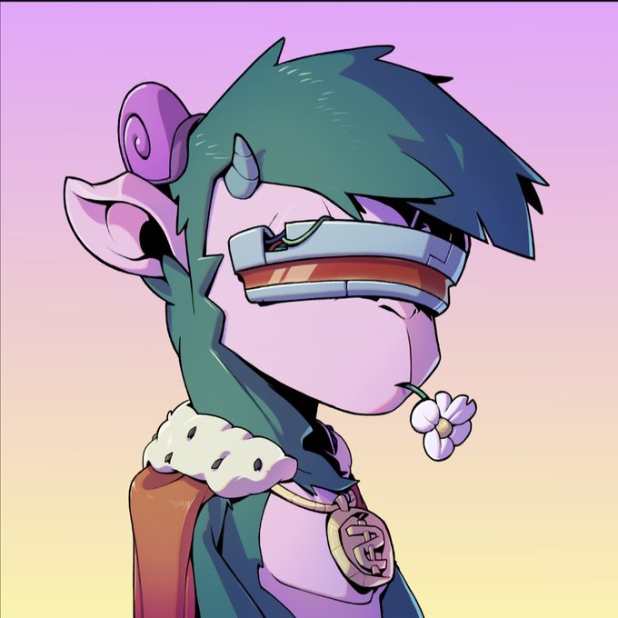 A cartoon-style illustration of a horned, elf-like character with green hair wearing futuristic red-tinted goggles and a pendant, with a flower in their mouth against a pink and yellow gradient background.