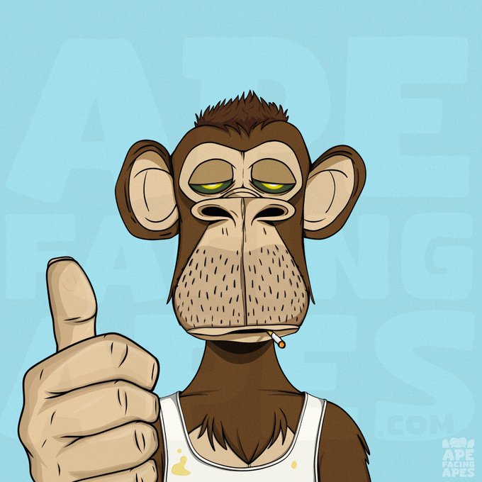An illustration of a cartoon monkey with droopy eyes, stubble, and a cigarette hanging from its mouth, giving a thumbs up against a blue background with 'APE FACING APES' watermark.
