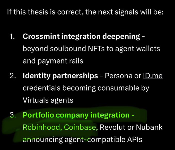 Text outlines a thesis about future signals: Crossmint integration deepening, Identity partnerships with Persona or ID.me for Virtuals agents, and Portfolio company integration with Robinhood, Coinbase, Revolut or Nubank.