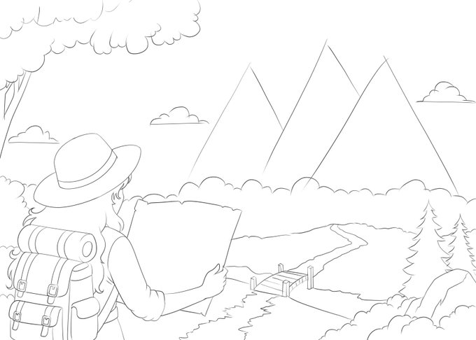 Black and white coloring page depicting a hiker with a backpack and hat looking at a map in a landscape with mountains, trees, and a small bridge.