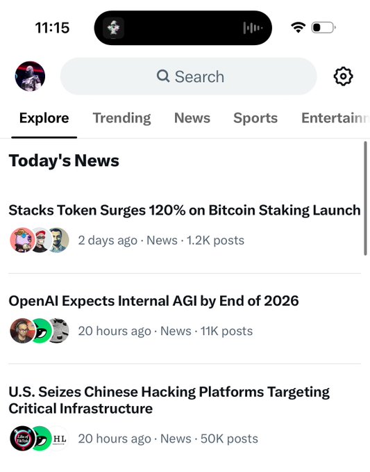 A mobile app screenshot showing a news feed with headlines including 'Stacks Token Surges 120% on Bitcoin Staking Launch,' 'OpenAI Expects Internal AGI by End of 2026,' and 'U.S. Seizes Chinese Hacking Platforms Targeting Critical Infrastructure.'