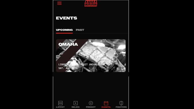 A mobile app screen for "AQUA MMA" showing an "EVENTS" page with an upcoming event labeled "OMAHA" at Liberty First Credit Union Arena on Saturday, August 24th.
