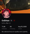 Profile screenshot of Odeith K with a red circled avatar, shows 71.8K followers, 65 following, joined Aug 20, 2006, with bio 'My colours focus on quality over quantity'.