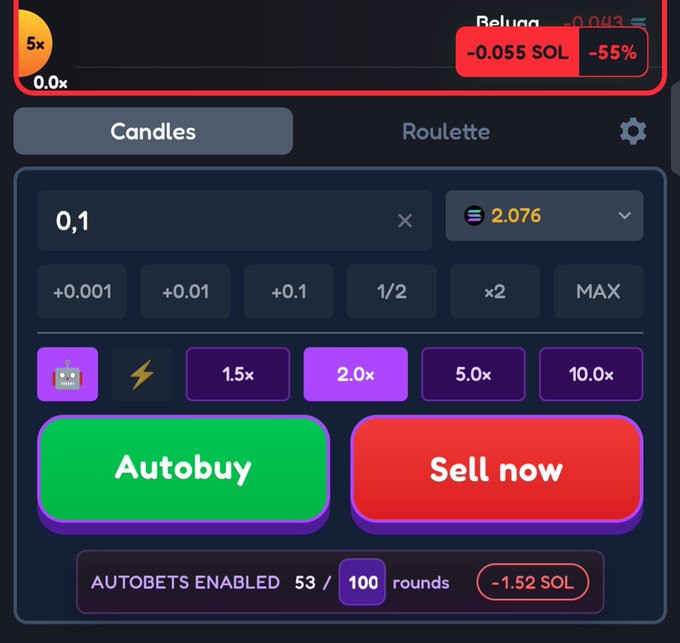 A gambling interface showing a betting panel with 'Autobuy' and 'Sell now' buttons, displaying values like '0.1', '2.076', '-0.055 SOL', '-55%', and 'AUTOBETS ENABLED 53 / 100 rounds'.