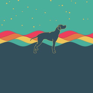 A silhouette of a dog standing against a stylized background featuring colorful rolling hills and a starry teal sky.