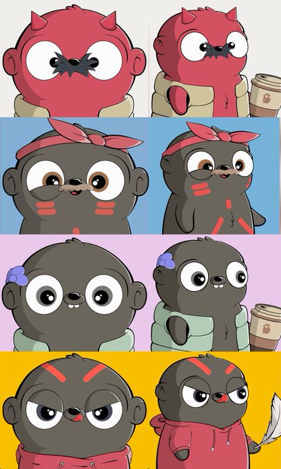 A grid of cartoon-style cute monster characters in red and gray tones, featuring various expressions and accessories like headbands and coffee cups.