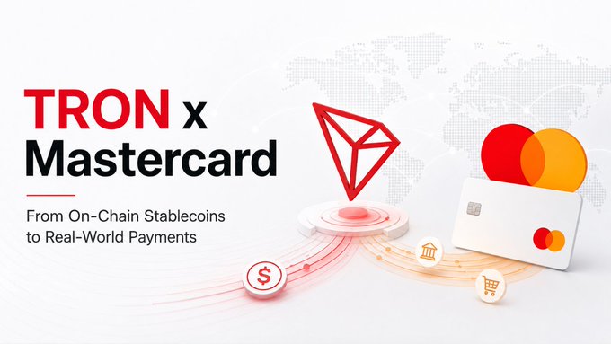A promotional graphic for the TRON x Mastercard partnership, with the tagline 'From On-Chain Stablecoins to Real-World Payments,' featuring the red TRON logo and a Mastercard credit card.