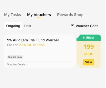 A screenshot of the Binance app's "My Vouchers" tab displays an active "9% APR Earn Trial Fund Voucher" worth 199 USDC under the Simple Earn section, expiring on 2026-08-12, which relates to the post's announcement of a $200 USDC trial fund voucher offering 9% APR rewards.