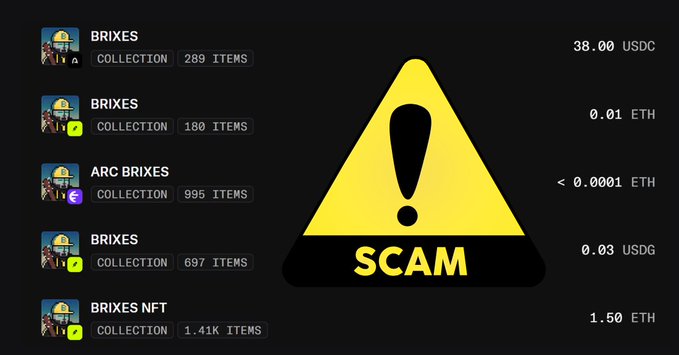 A screenshot listing multiple NFT collections named 'BRIXES' and 'ARC BRIXES' with their prices in USDC, ETH, and USDG, overlaid with a large yellow warning triangle reading 'SCAM'.