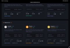 A dark-mode cryptocurrency website interface displaying token information, charts, and trading data with various tabs and metrics.