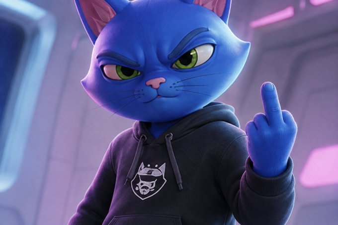A blue cartoon cat character with a mischievous expression wearing a black hoodie with a logo, raising its middle finger in what appears to be a 3D animated scene.