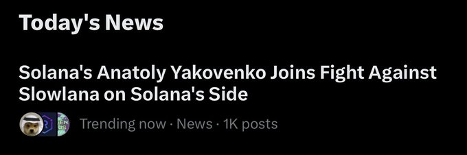 A news headline reading 'Solana's Anatoly Yakovenko Joins Fight Against Slowlana on Solana's Side' labeled as Trending News with 1K posts.