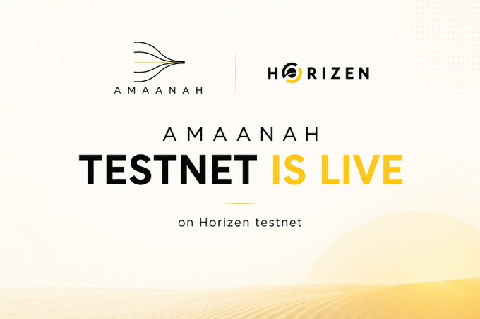 The image is a promotional announcement featuring the Amaanah and Horizen logos at the top, with bold text reading "AMAANAH TESTNET IS LIVE on Horizen testnet" against a warm, golden desert background. It visually reinforces the post's message that AmaanahLabs' confidential vault infrastructure for private stable asset deposits, holdings, and withdrawals is now operational on Horizen's testnet.
