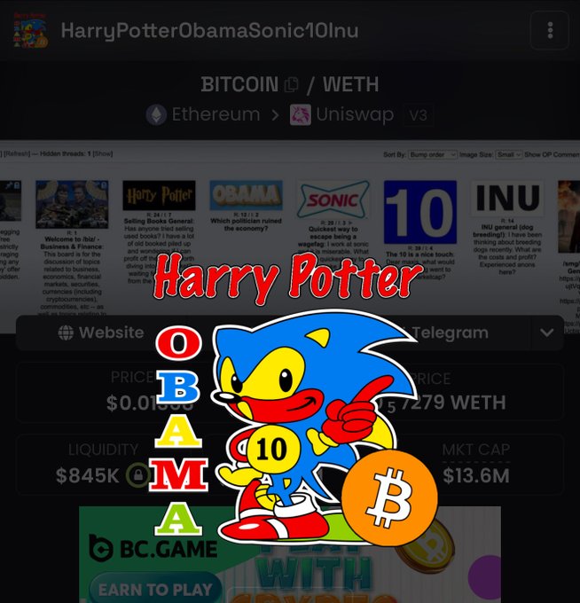 A collage showing the HarryPotterObamaSonic10Inu meme coin on Uniswap V3, featuring Sonic the Hedgehog overlaid on 4chan threads about the coin, with text reading 'BITCOIN / WETH' and 'Harry Potter OBAMA 10'.