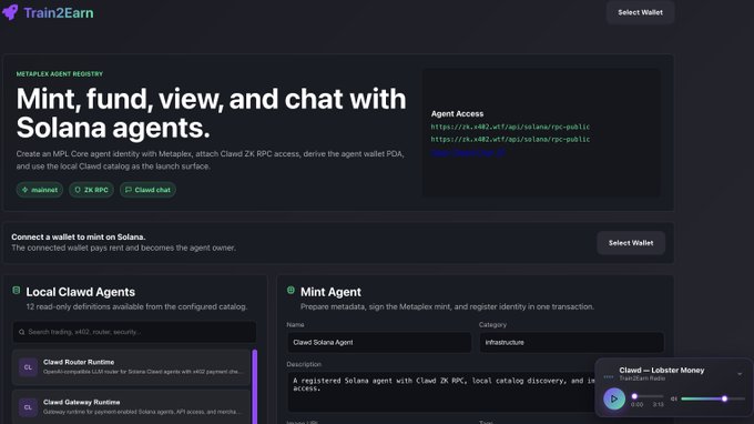 A screenshot of the Train2Earn website showing the 'Metadata Agent Registry' page with the headline 'Mint, fund, view, and chat with Solana agents' and information about connecting a Clawd wallet.