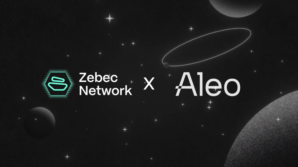 The graphic features the Zebec Network and Aleo logos side-by-side with an "x" between them, set against a dark cosmic backdrop with stars, planets, and an orbital ring. The space-themed imagery visually reinforces the post's message about advancing privacy in onchain payments through the partnership.