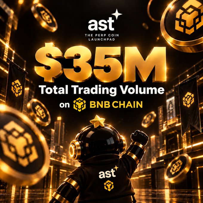 A promotional graphic featuring a black and gold astronaut character with raised fists, announcing "ast THE PERP COIN LAUNCHPAD" with "$35M Total Trading Volume on BNB CHAIN."