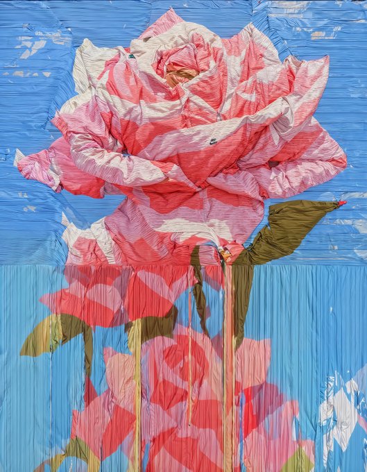 A textured, painterly artwork depicts a large pink rose with green leaves and long stems against a vivid blue background.