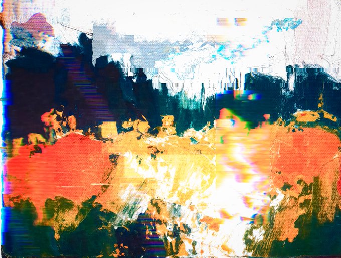 An abstract painting with vibrant smudges of orange, red, green, and white against a dark background, featuring a textured, glitch-art aesthetic.