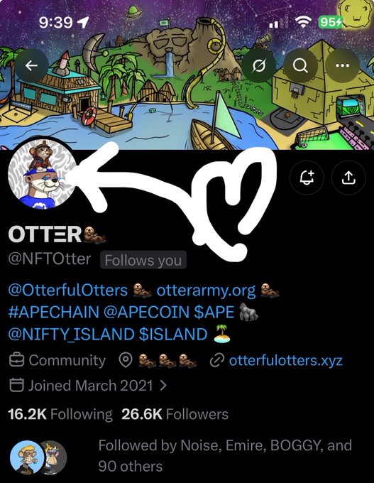 Mobile screenshot of an X (Twitter) profile for OTTER (@NFTOtter), with a hand-drawn arrow pointing to the profile picture, showing 16.2K Following and 26.6K Followers.