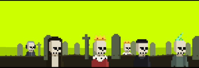 A pixel art scene shows a graveyard with several skeleton characters standing among tombstones under a bright green sky, with one skeleton wearing a crown and another wearing a party hat. The image serves as a thematic backdrop for a flash giveaway announcement, offering 2 whitelist spots for RHBrokersNFT, likely fitting a Halloween or spooky crypto/NFT aesthetic.
