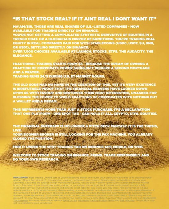 The image shows a stack of hay, which appears to be a pile of straw or dried grass. The text in the image reads "is that stock real? if it ain't real don't want it?". This statement seems to be related to the content of the post about Binance US Stock Business and its connection to the financial services regulatory authority (FSRA) of Abu Dhabi Global Market (ADGM).