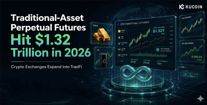 A KuCoin promotional graphic highlights "Traditional-Asset Perpetual Futures Hit $1.32 Trillion in 2026," featuring a futuristic digital interface displaying trading charts for Gold (XAU), Oil, US Stocks, and the US 500 Index, illustrating how crypto exchanges are expanding into traditional financial markets (TradFi).