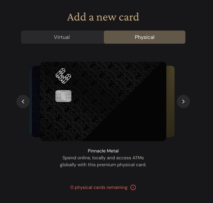 A digital wallet interface titled 'Add a new card' with a toggle for Virtual/Physical, displaying a black 'Pinnacle Metal' card and noting '0 physical cards remaining.'