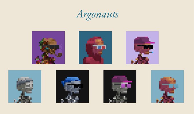 Seven pixel art characters wearing sunglasses labeled 'Argonauts' in teal text at the top, displayed on purple, blue, and black backgrounds.