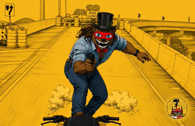 A comic-style illustration of a masked figure in a top hat and red bowtie holding a gun while riding a motorcycle on a highway, with 'ROAD CLOSED' signs in the yellow-toned background and a 'BEAR ONLY ON XCH' logo.