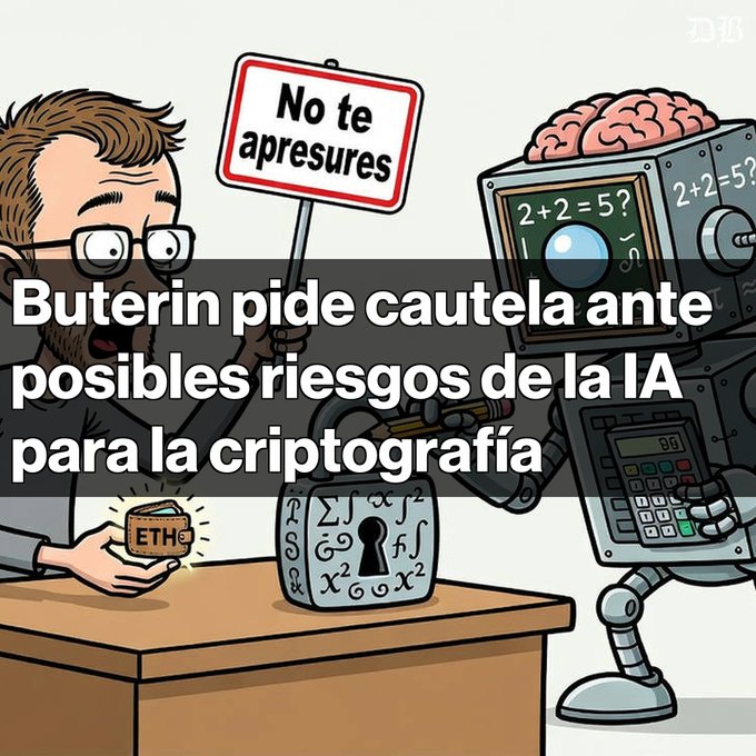 A cartoon illustration showing Vitalik Buterin holding an ETH coin and a sign reading 'No te apresures' (Don't rush), with Spanish text overlay stating 'Buterin pide cautela ante posibles riesgos de la IA para la criptografía' (Buterin urges caution over possible AI risks to cryptography).
