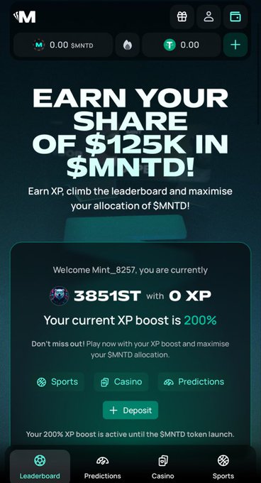 A mobile app screen for $MNTD showing a promotion 'EARN YOUR SHARE OF $125K IN $MNTD!' with user 'Mint_8257' ranked 3851st with 0 XP and a 200% XP boost active.