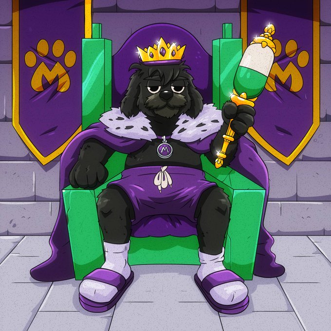 A black dog wearing a golden crown, fur-trimmed cape, and purple robes lounges on a green throne while holding an ornate scepter, with "M" paw-print emblems visible on banners behind. The regal imagery captures the "King Myro mode" vibe, portraying the mascot as royalty presiding over the throne.
