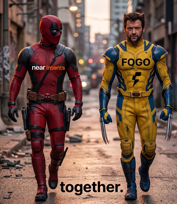 Deadpool and Wolverine stand side-by-side in their iconic suits, with Deadpool's suit displaying "near Intents" and Wolverine's yellow suit marked "FOGO," visually parodying their famous buddy-cop duo to celebrate FOGO's launch on NEAR Intents. The text "together." anchors the playful image, reinforcing the post's message about seamless, frictionless token swaps between the two platforms.