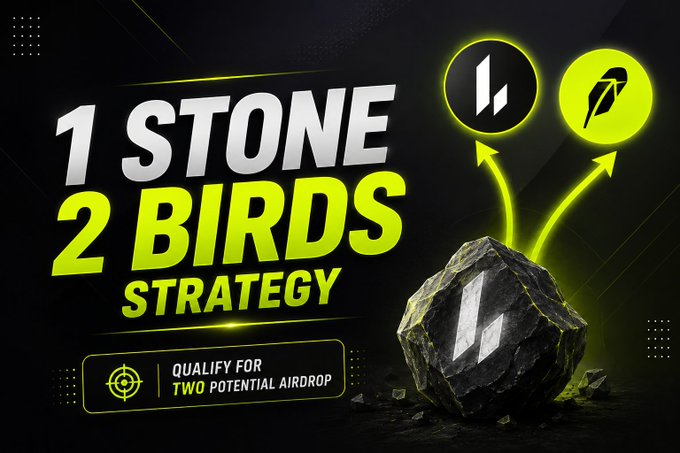 A promotional graphic displaying the "1 STONE 2 BIRDS STRATEGY" in bold white and yellow text on a black background, featuring a rock marked with the Lighter logo splitting into arrows pointing toward the Lighter (L) and Robinhood bird logos, alongside a "QUALIFY FOR TWO POTENTIAL AIRDROP" call-to-action banner. The image visually reinforces the post's message of a dual-benefits strategy allowing users to earn separate points for both the Lighter and Robinhood Chain airdrops simultaneously.