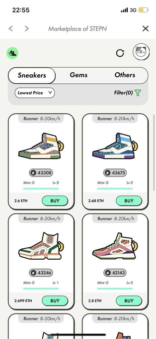 A mobile screenshot of the STEPN Marketplace showing 'Sneakers' for sale, including a Runner shoe priced at 2.6 ETH (43308 gems) and another at 2.68 ETH (43675 gems).