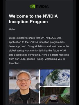 The image shows an NVIDIA Inception Program welcome page featuring a video still with Jensen Huang and welcoming DATAHEDGE AI to the program, directly tying into the post announcing $DATA's (@DATAHEDGEAI) acceptance into NVIDIA's AI startup program.