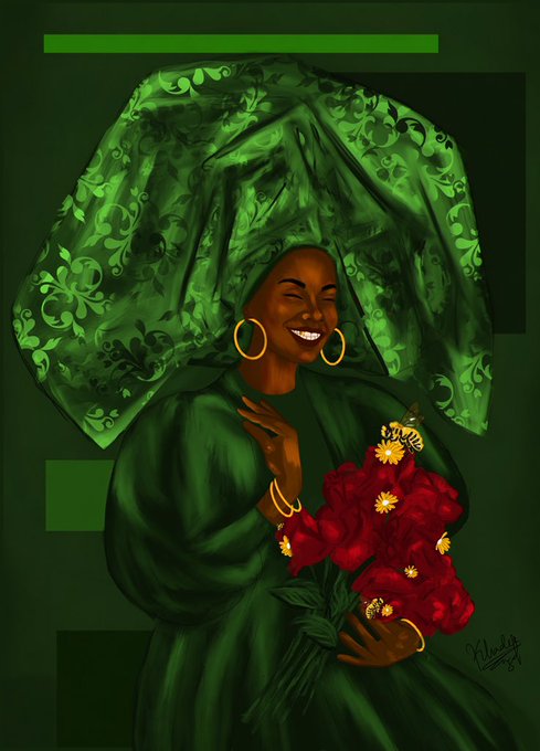 A vibrant digital illustration of a smiling woman wearing a green headwrap and dress, holding a bouquet of red flowers with a yellow butterfly.